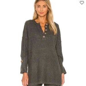 Free People Around the Clock Pullover Gray Henley Button Sweater Oversized Small